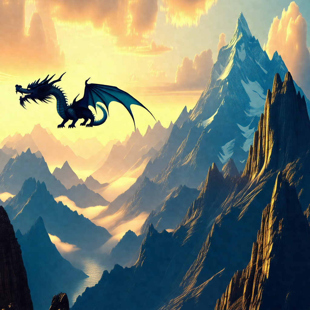 Dragon flying through the sky, with a mountain range in t...