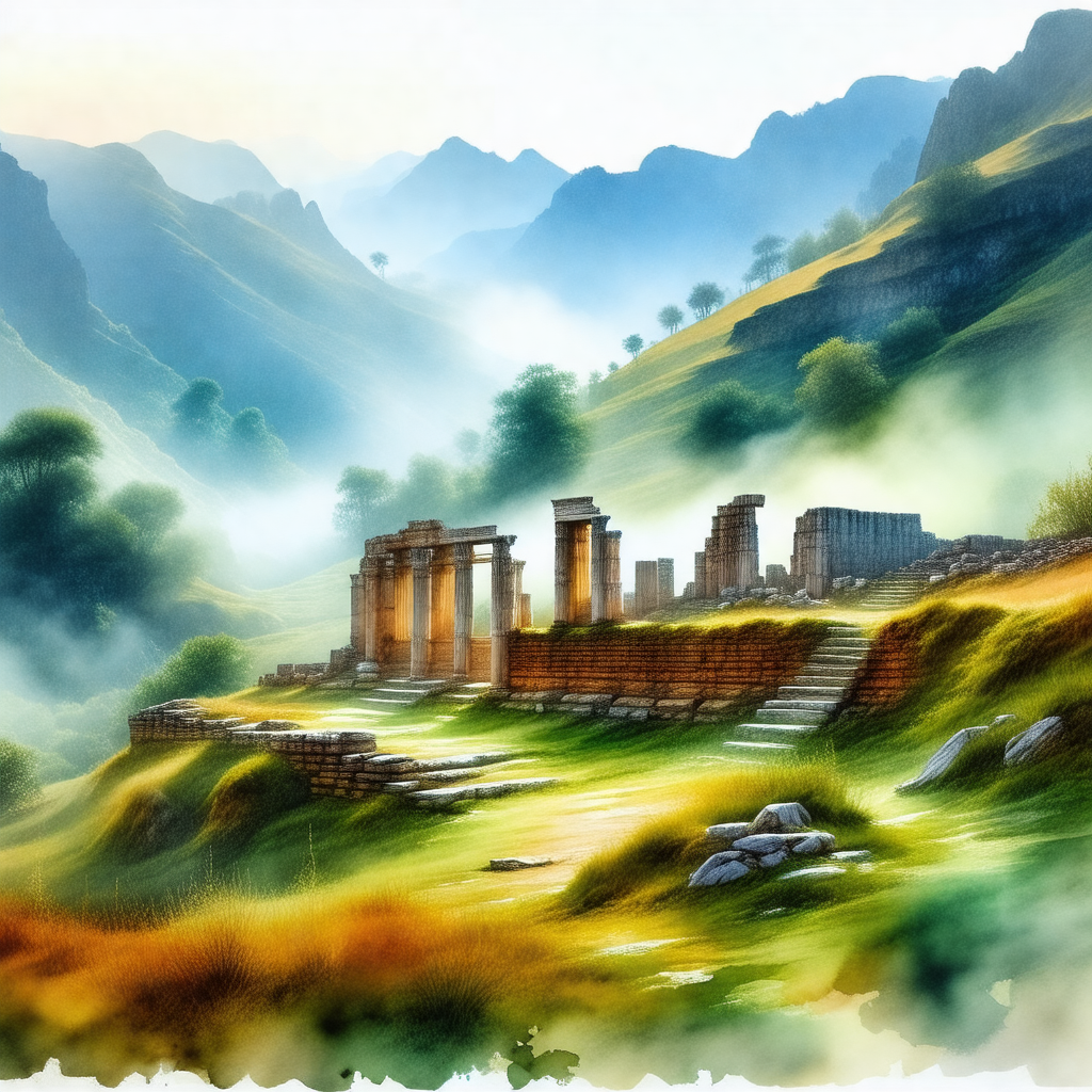 Painting of a mountainous landscape with a large stone st...