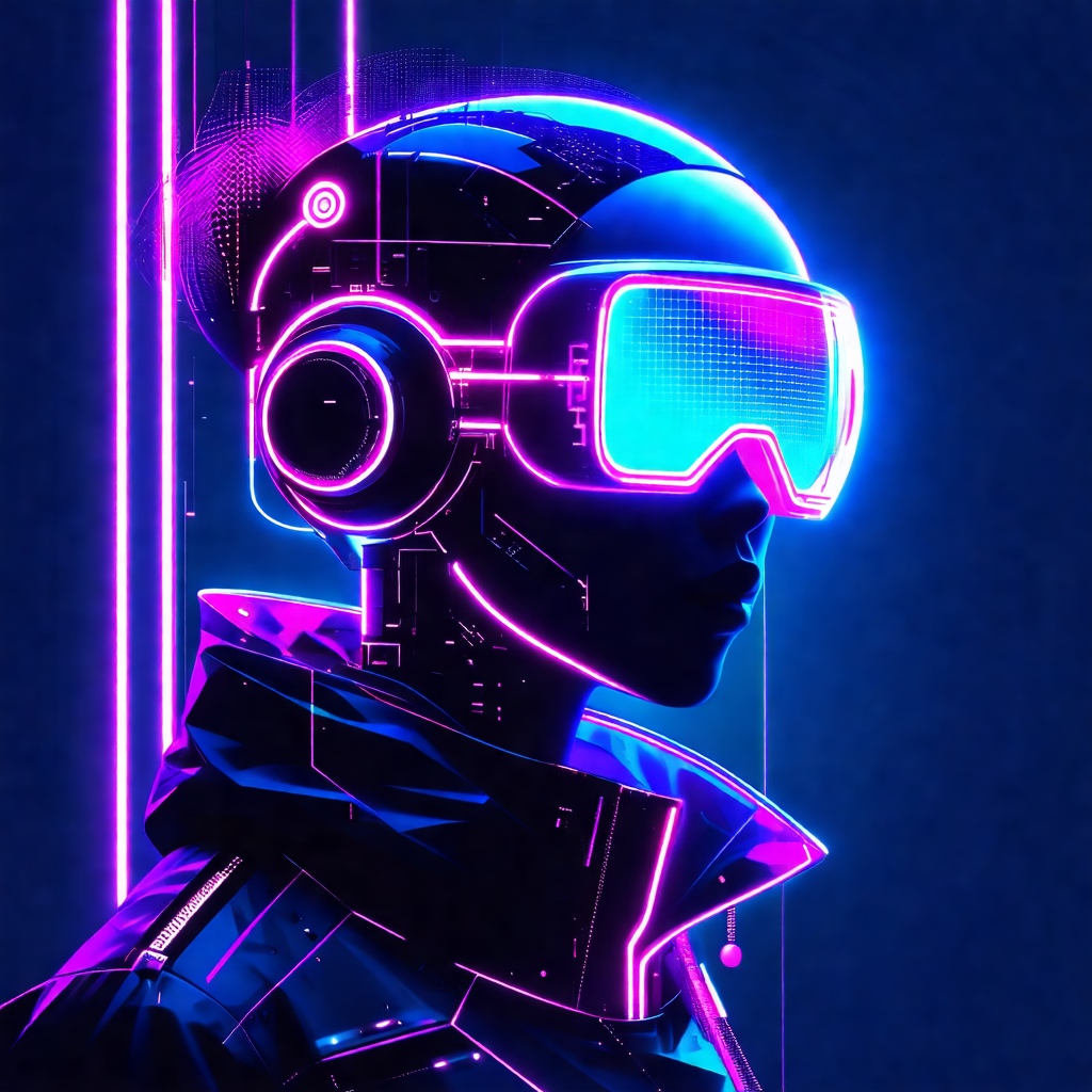 Futuristic robot with glowing pink eyes and a purple helmet