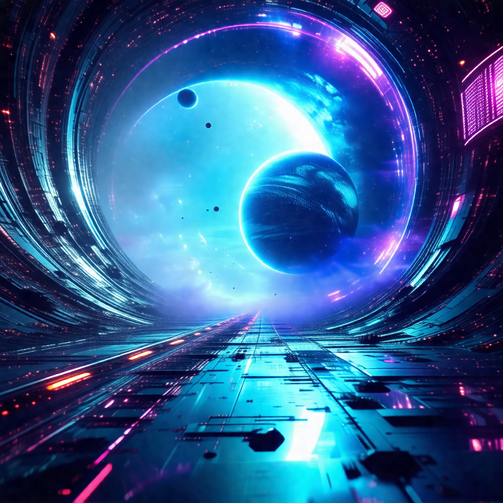 Futuristic scene featuring a large, blue, circular struct...