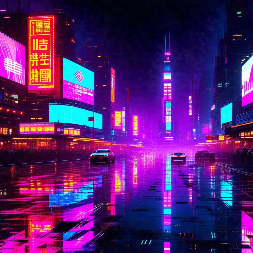 Futuristic cityscape with a rain-soaked street filled wit...