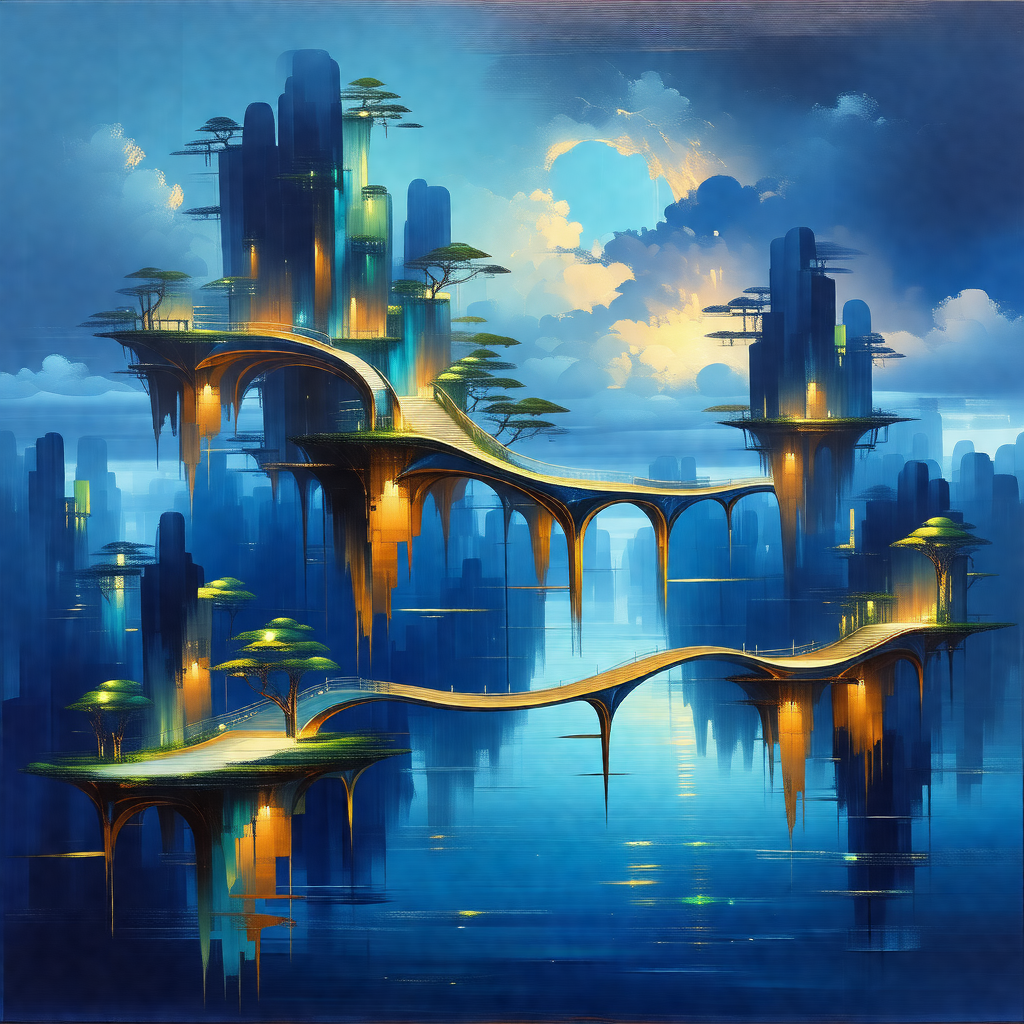 Painting of a city built on stilts over a body of water