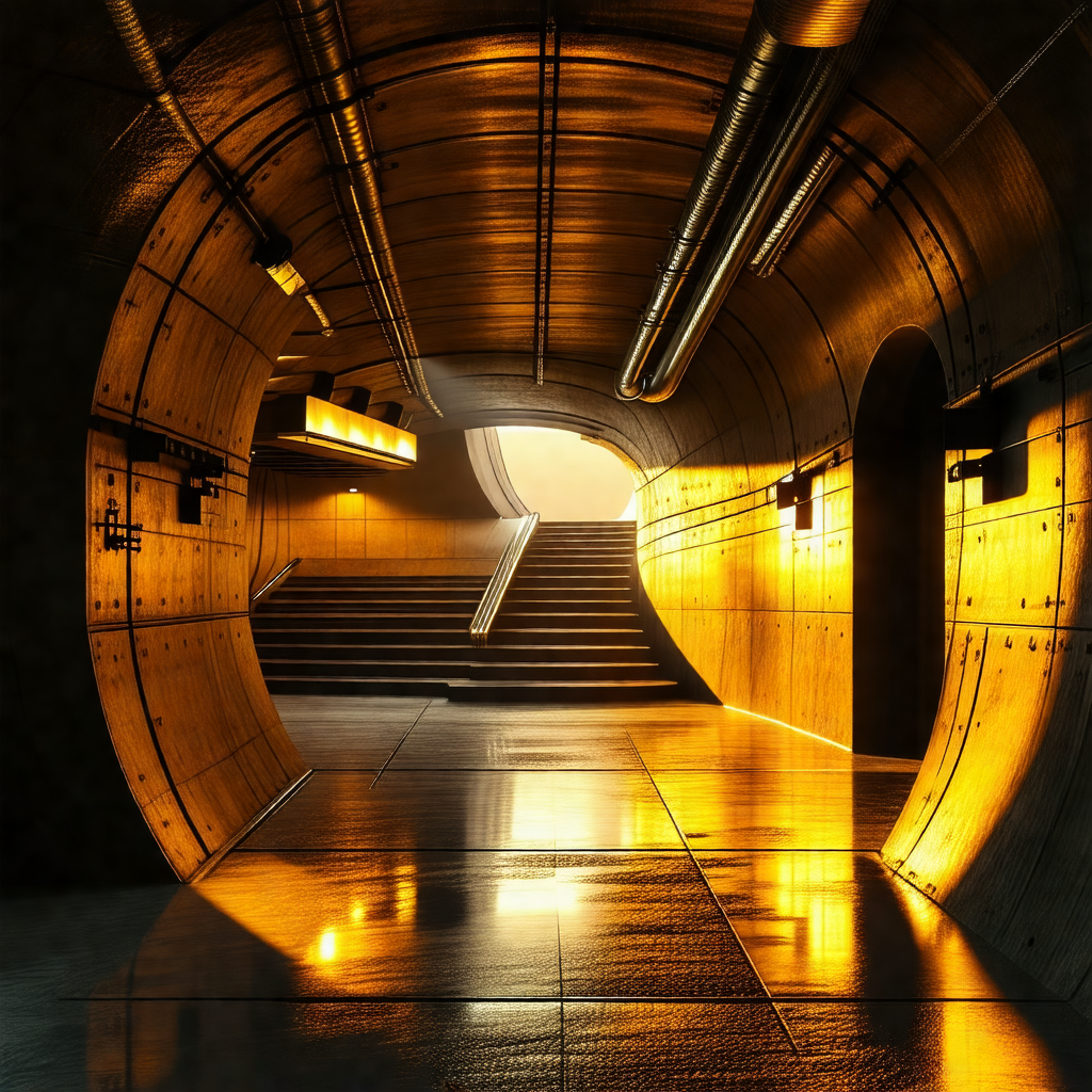 Long, narrow tunnel with a staircase leading upwards