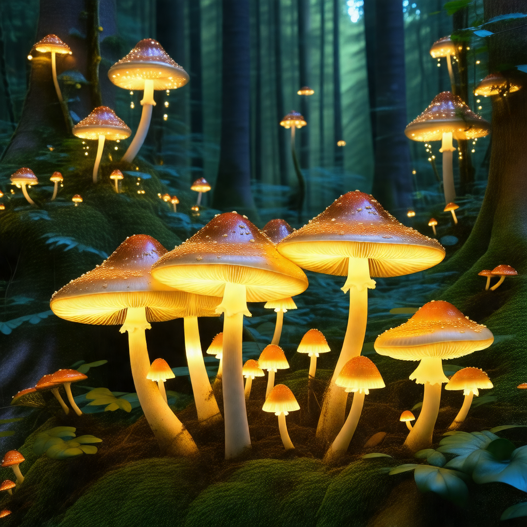 Lush forest filled with a variety of mushrooms