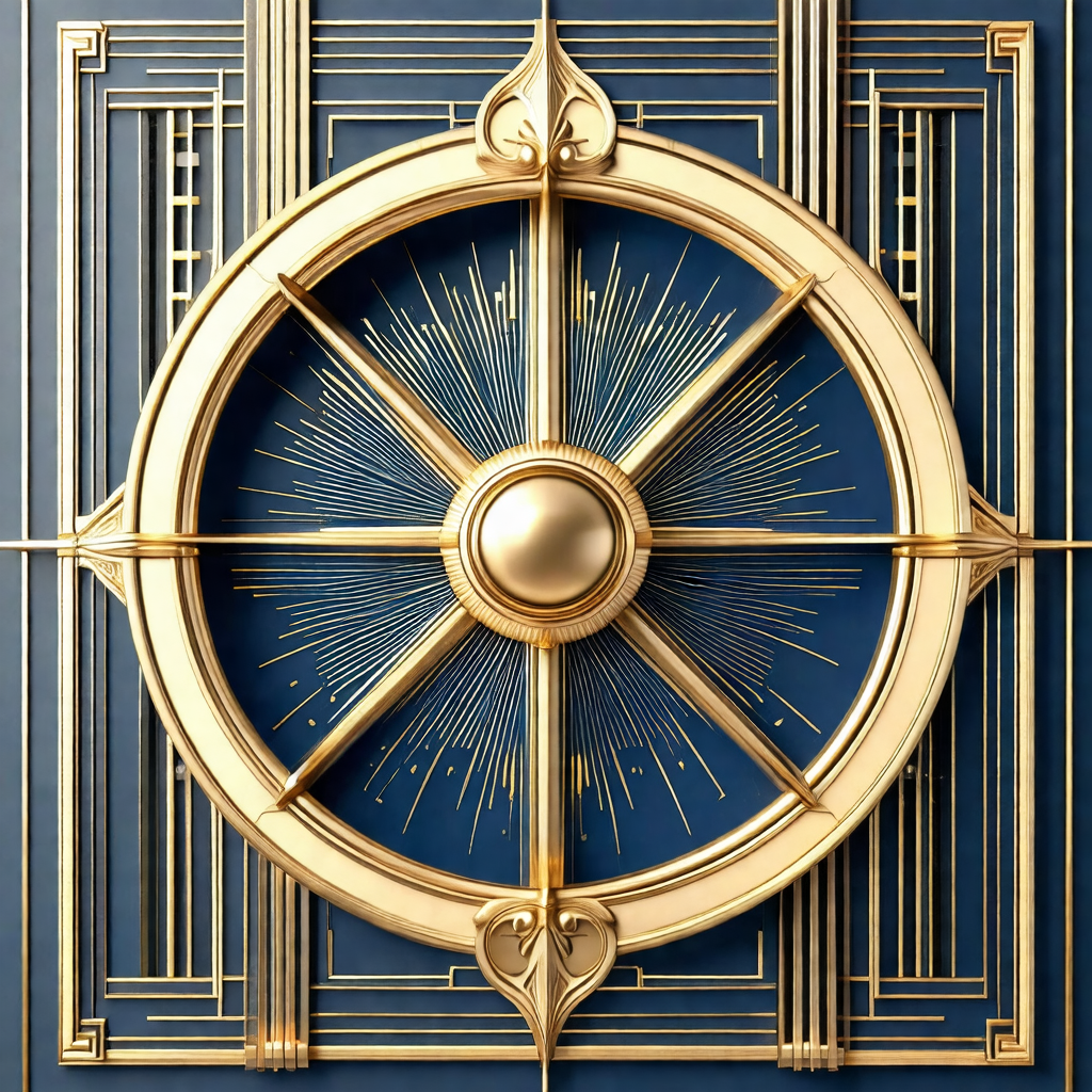 Large, ornate compass with a gold and blue color scheme