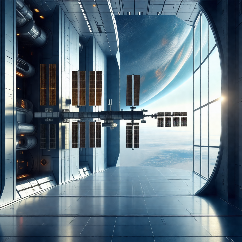 Large space station with a view of the earth from space