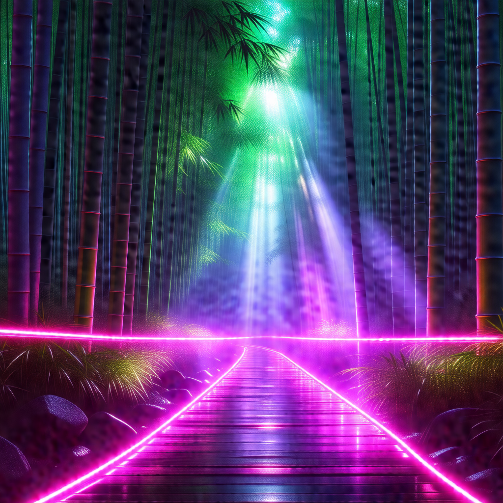 Pathway in a forest, illuminated by a purple light