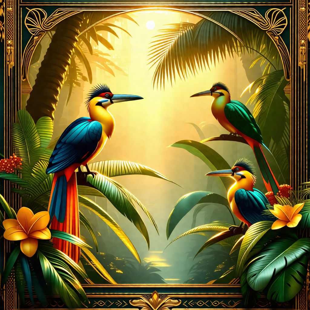 Lush, tropical forest with a variety of birds perched on ...