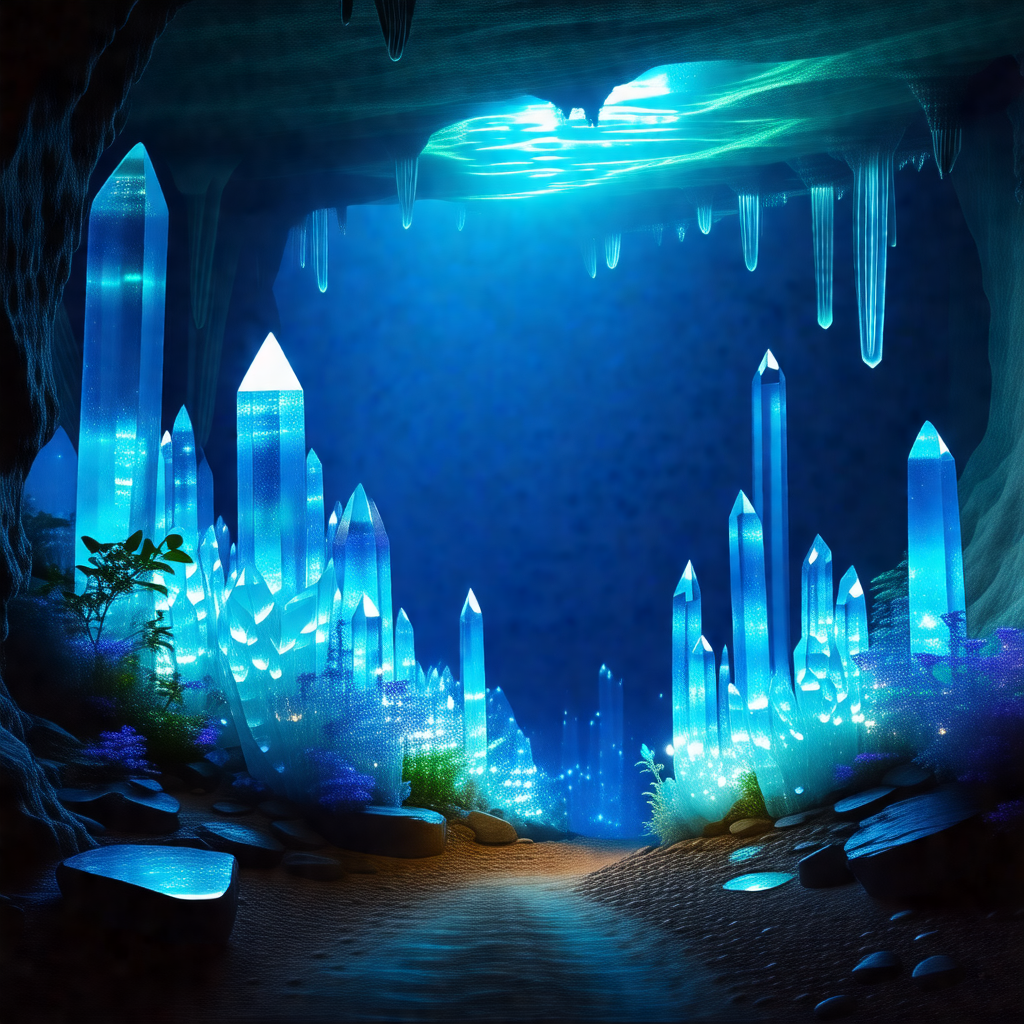 Digital painting of a cave with a blue light illuminating...
