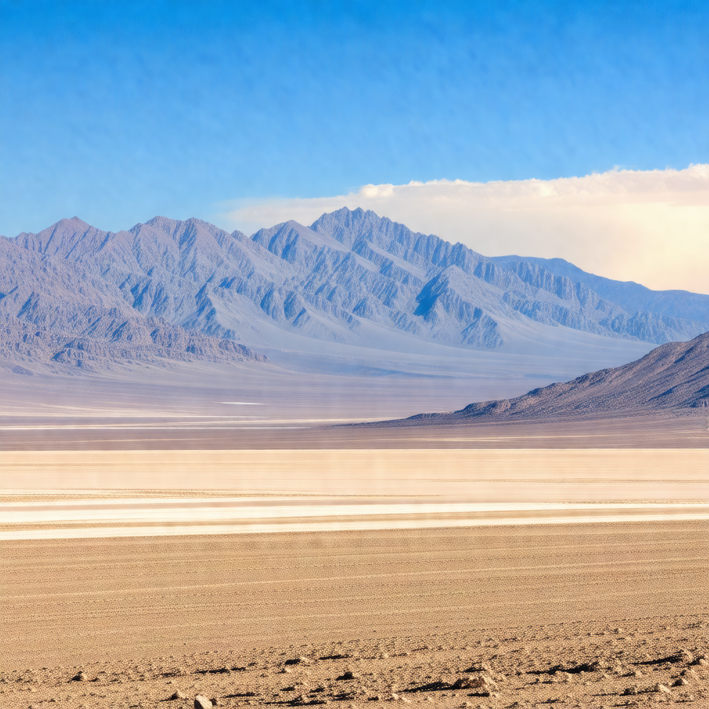 Vast, open desert landscape with a mountain range in the ...