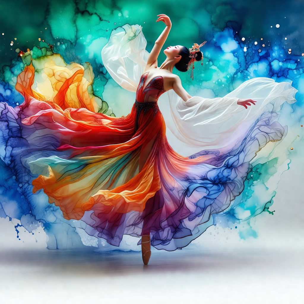 Woman in a colorful dress, dancing in a room with a blue ...