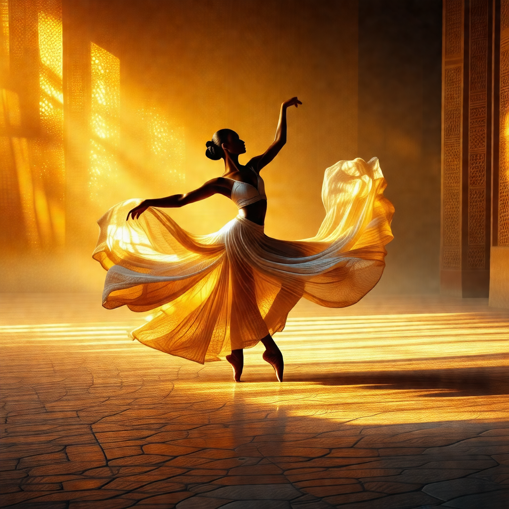 Woman in a yellow dress, gracefully dancing on a stage