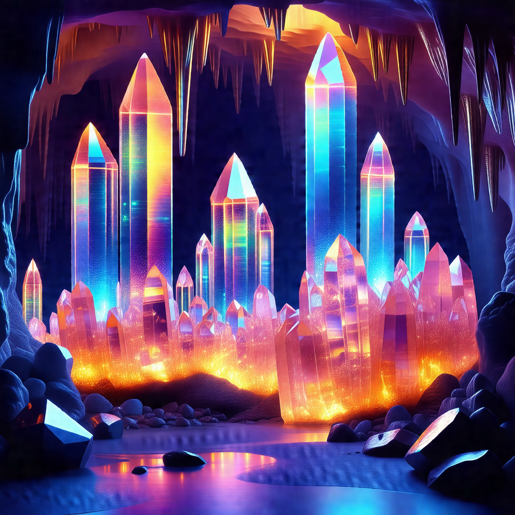 Colorful and imaginative depiction of a cave with a river...