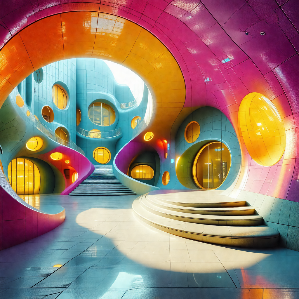 Large, colorful building with a unique, curved design