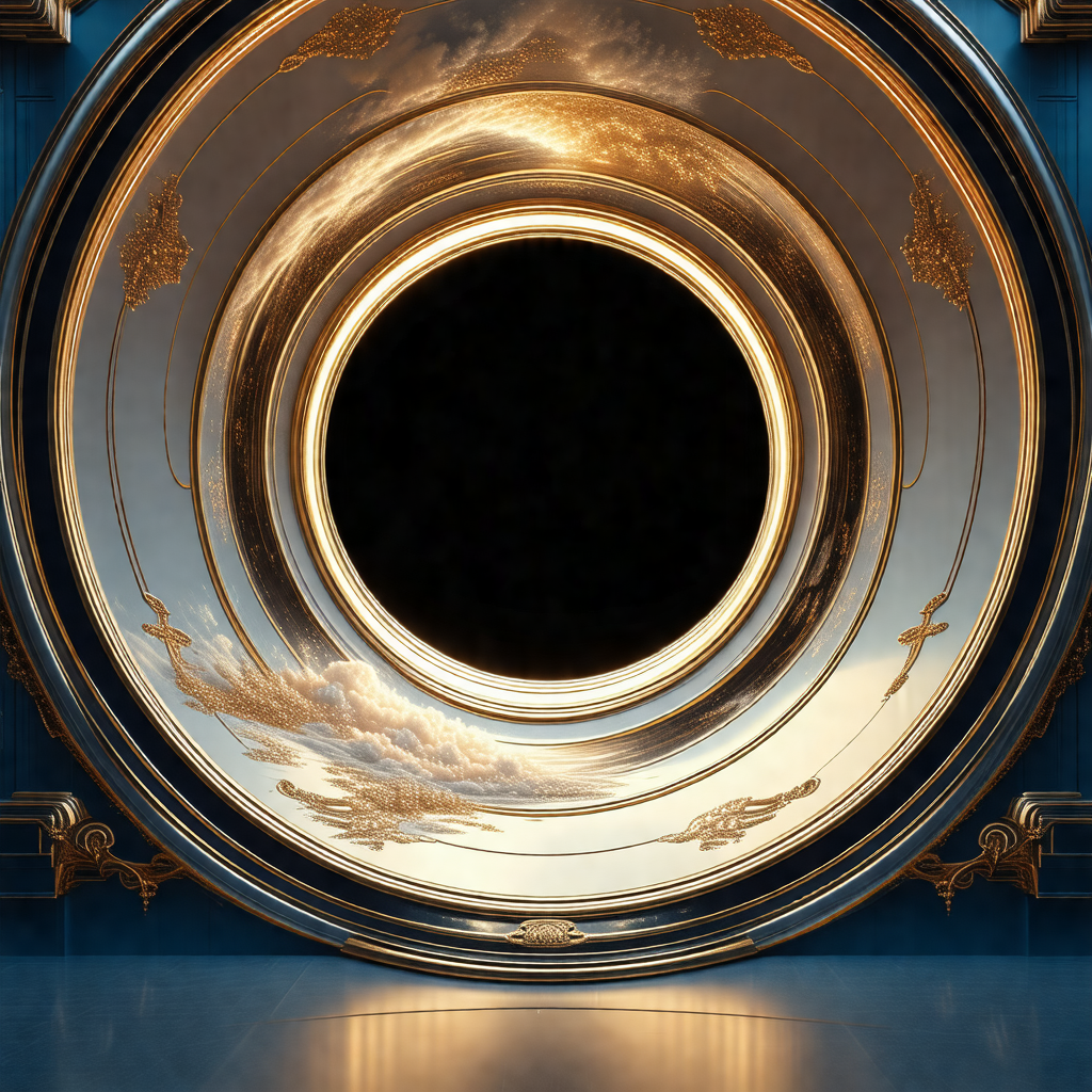 Large, ornate, gold-framed mirror with a black circle in ...