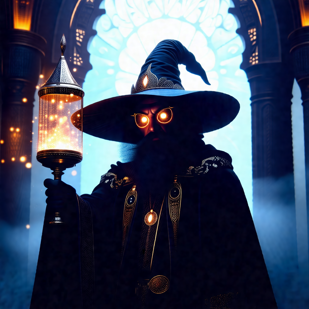 Man dressed in a wizard's outfit, complete with a wig and...