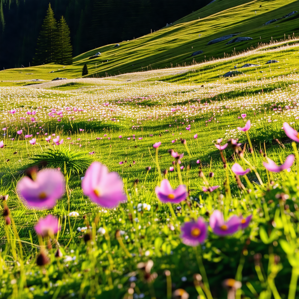 Lush green field with a variety of wildflowers scattered ...