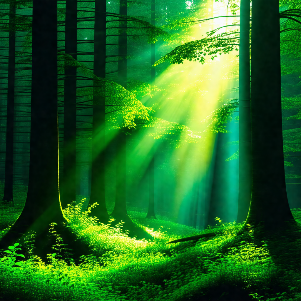 Lush green forest filled with trees and sunlight