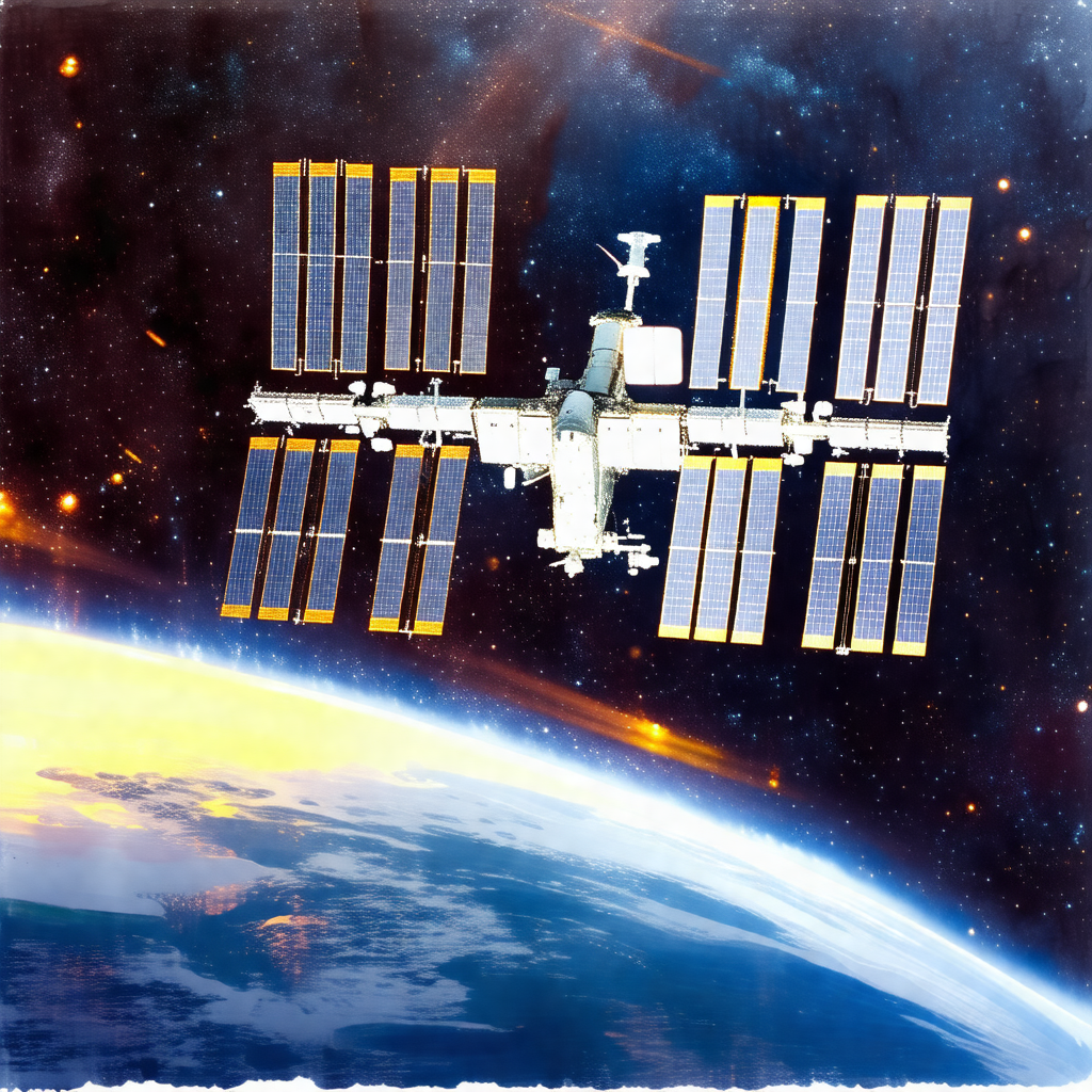 Space shuttle with a large number of solar panels on its ...