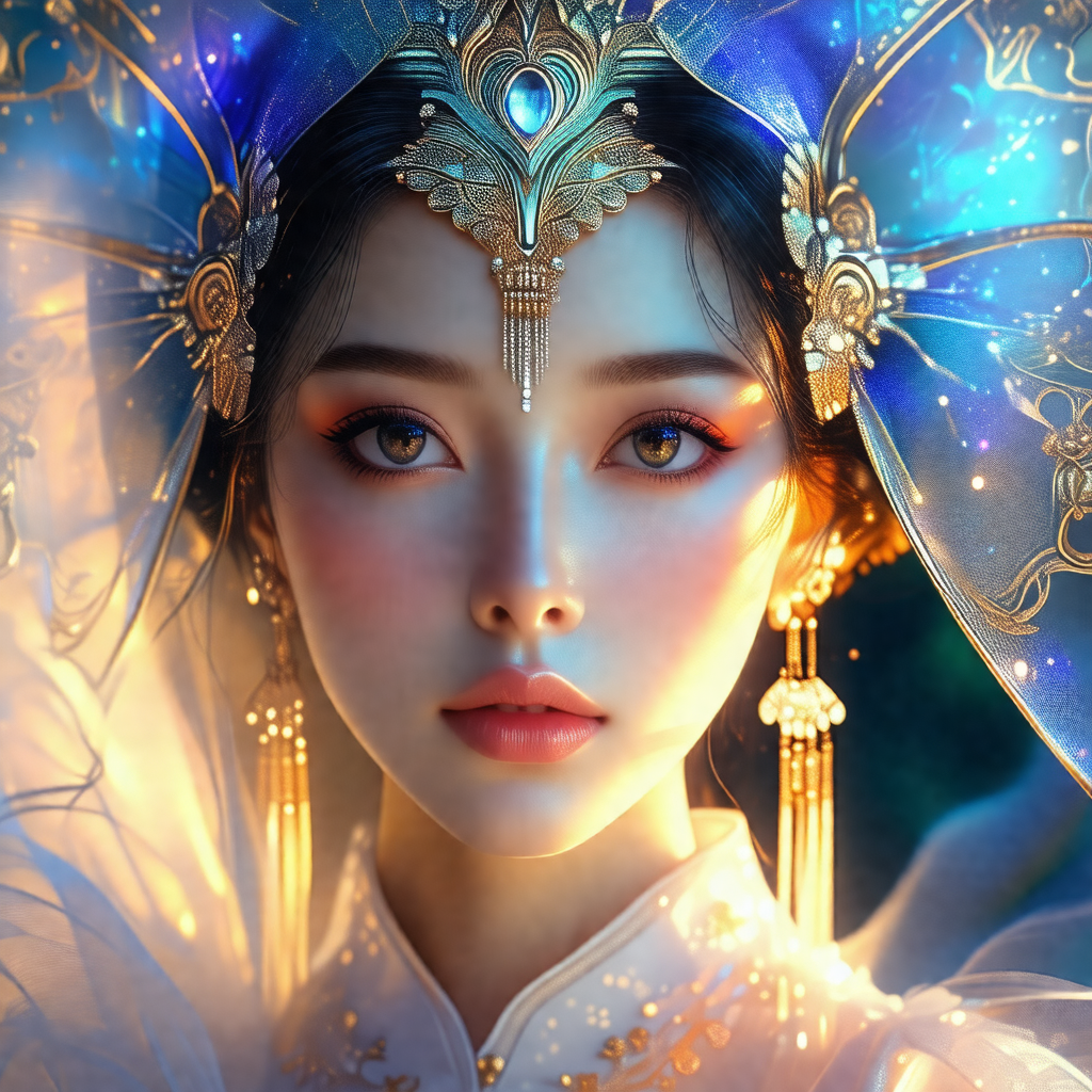 Beautiful woman wearing a white dress and a blue veil
