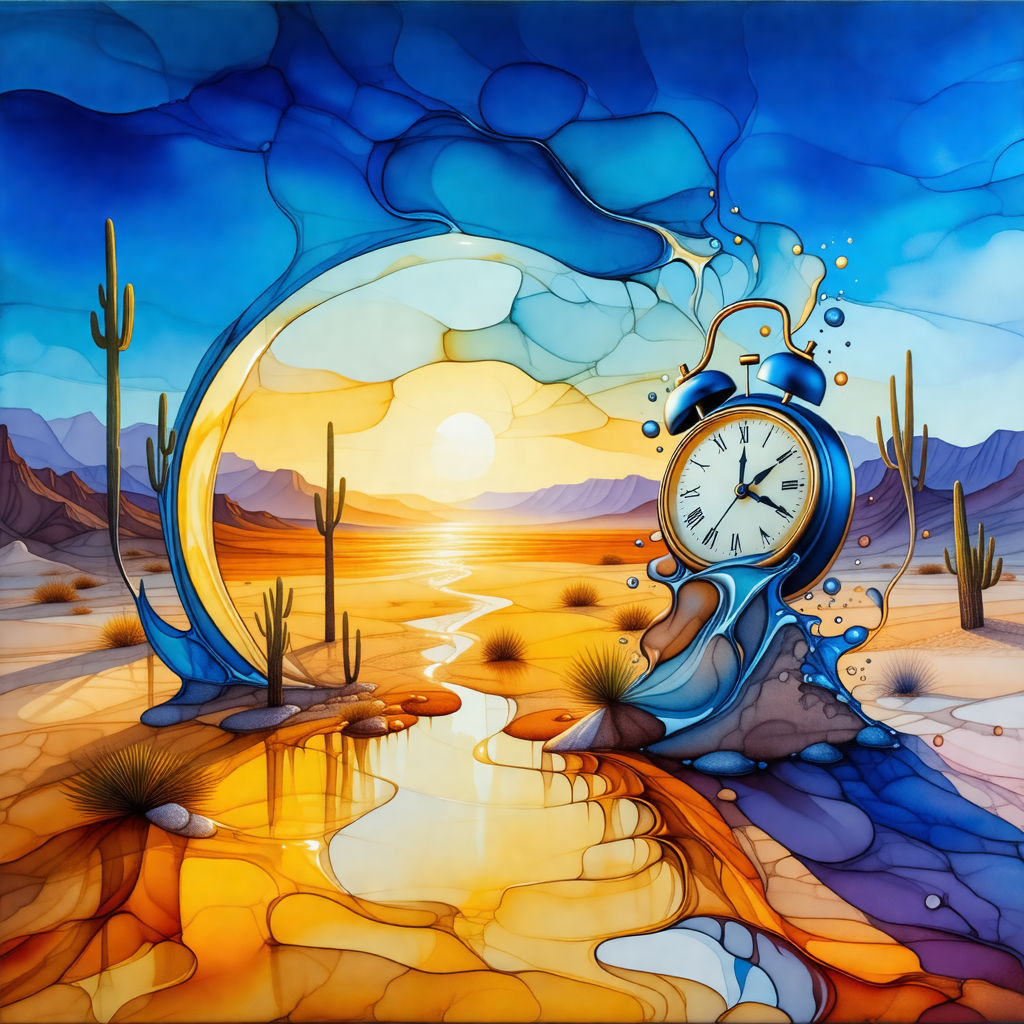 Painting of a clock sitting in a desert landscape