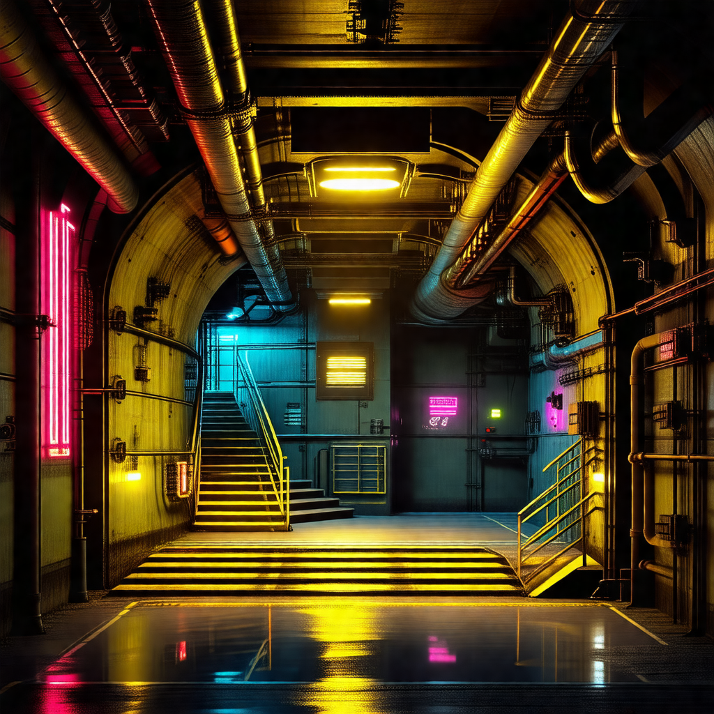 Futuristic, industrial setting with a large, open room fi...