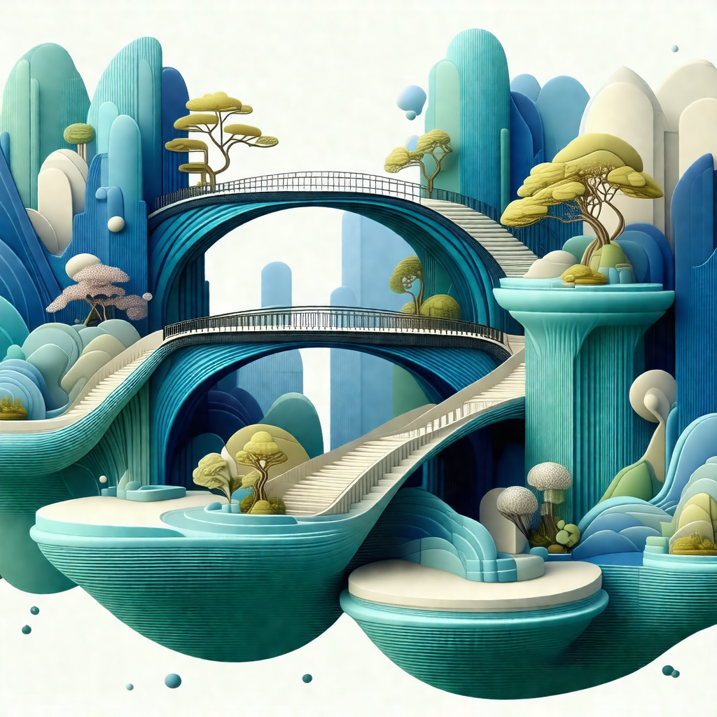 Colorful and detailed illustration of a bridge surrounded...