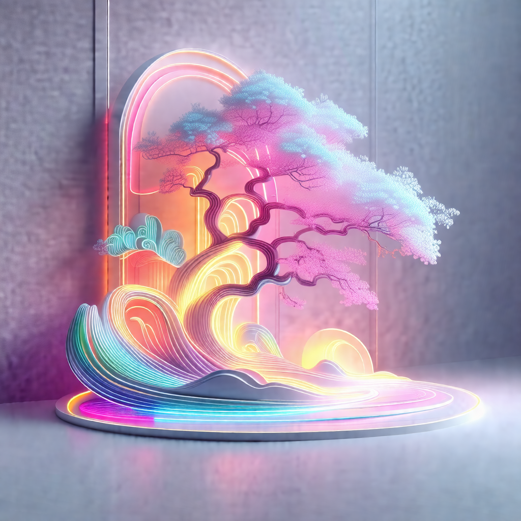 Large, colorful tree sculpture that is illuminated with n...