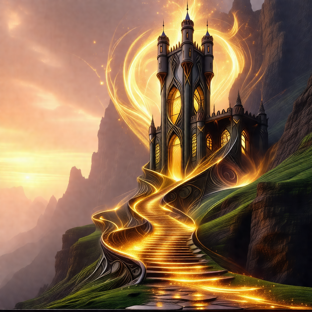 Majestic castle with a long, winding staircase leading up...