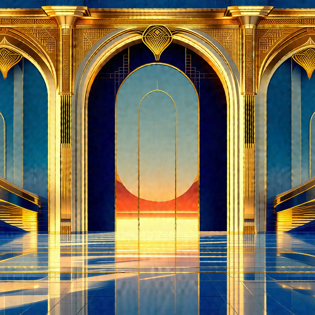 Large, ornate building with a blue and gold color scheme