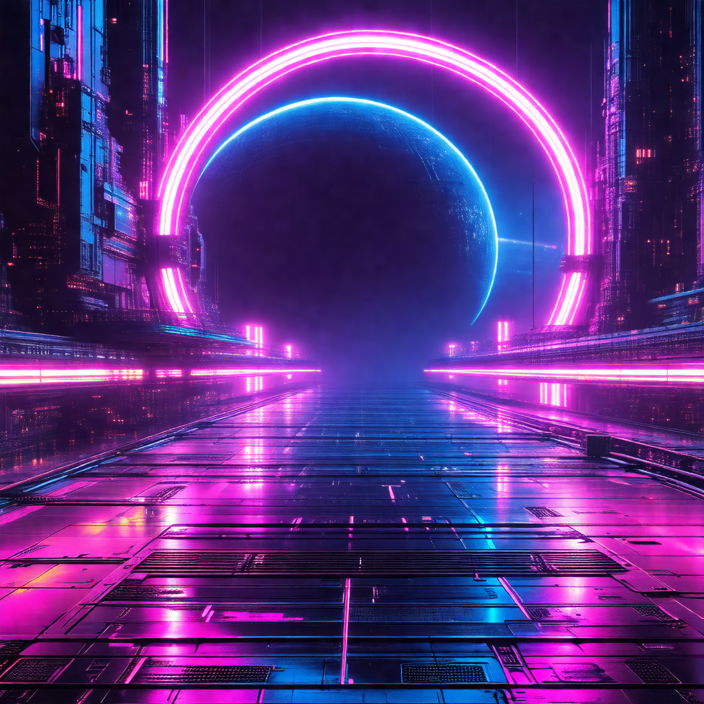 Futuristic cityscape with a large, pink, glowing circle i...