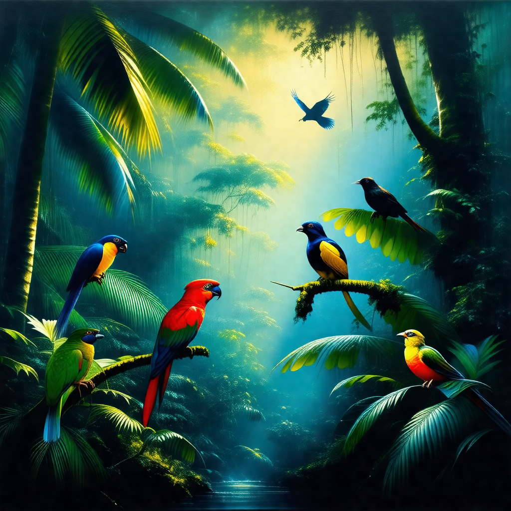 Lush green forest with a group of colorful birds perched ...