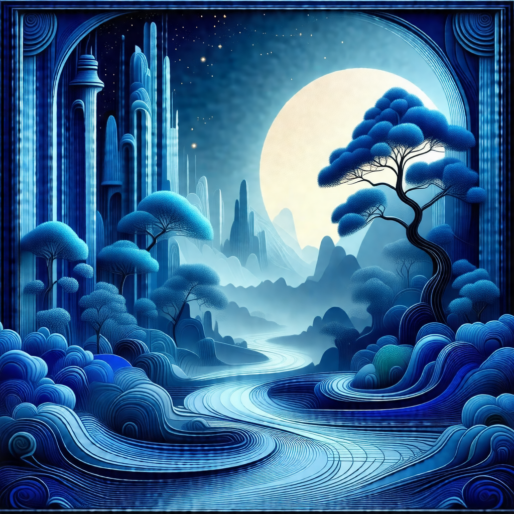 Painting of a forest at night, with a blue sky and a full...