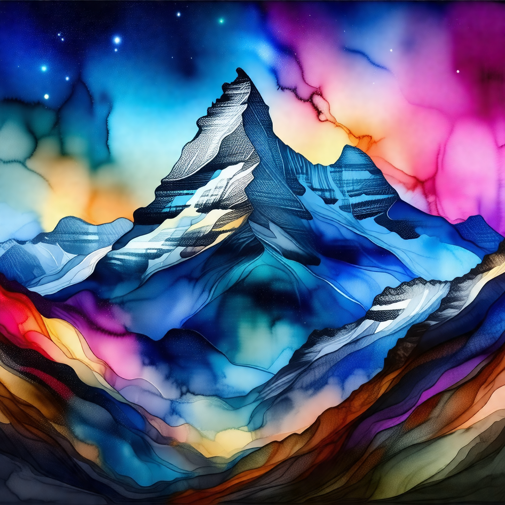 Colorful painting of a mountain range, featuring a large ...