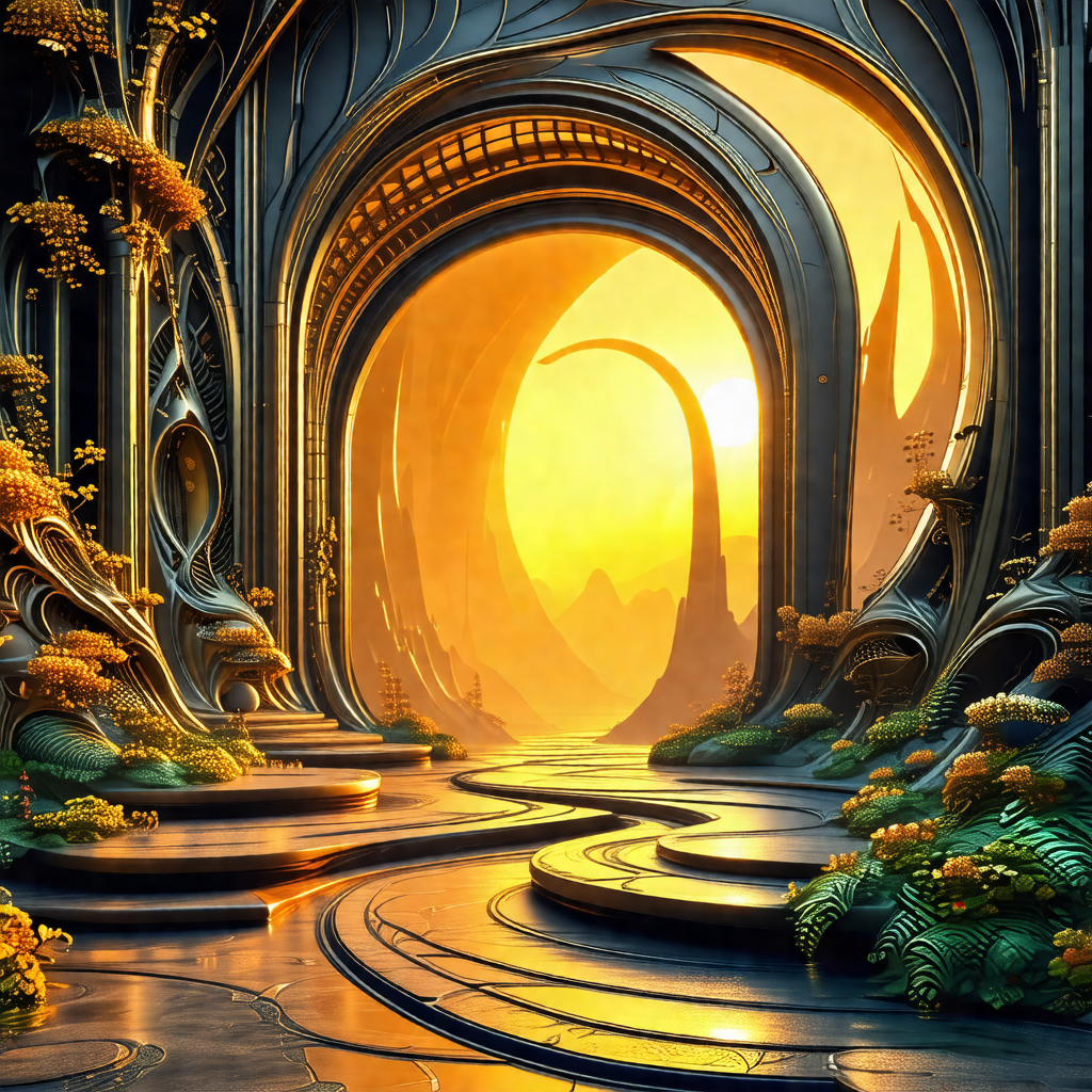 Painting of a fantasy world with a sunlit path leading to...