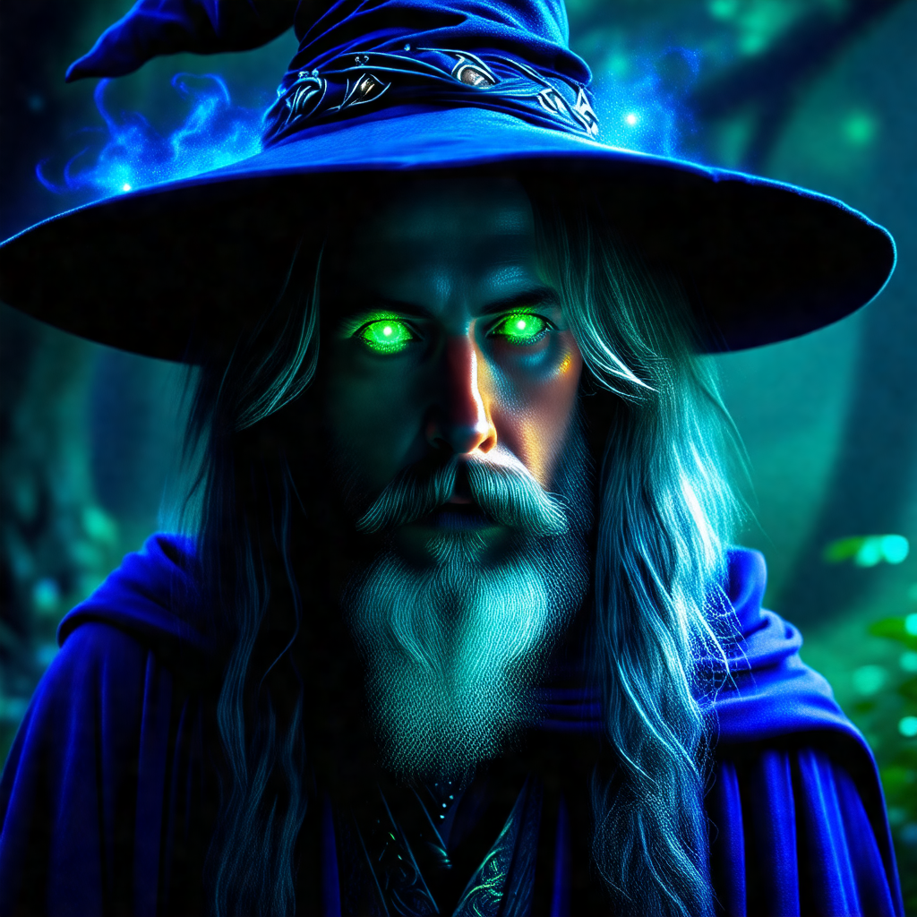 Man with a long beard and a blue wizard's hat, standing i...