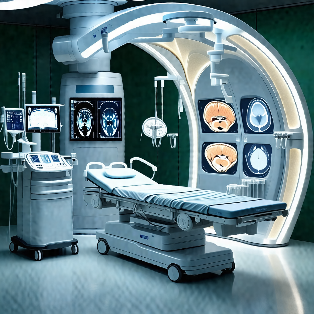 Hospital room with a large bed in the center