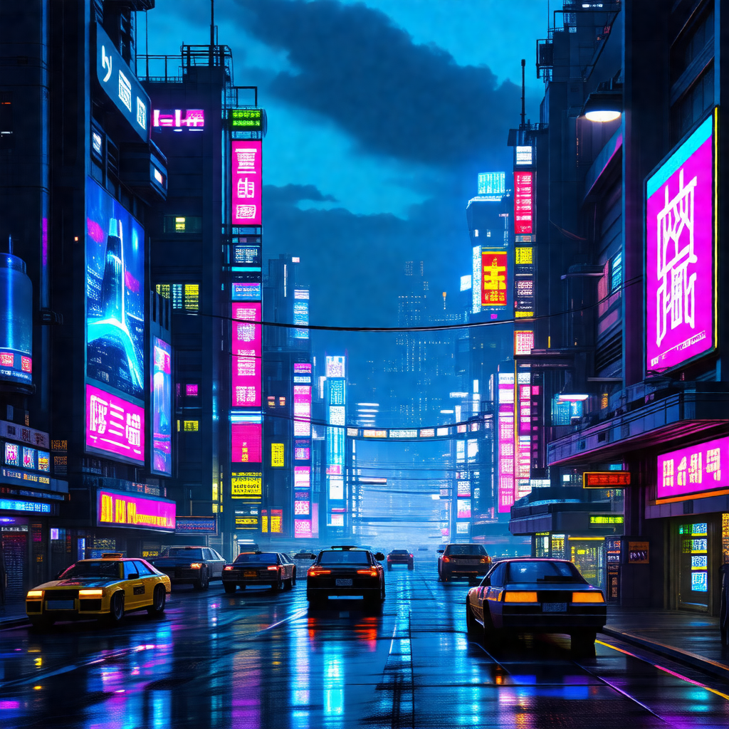 Busy city street at night, with a variety of vehicles and...