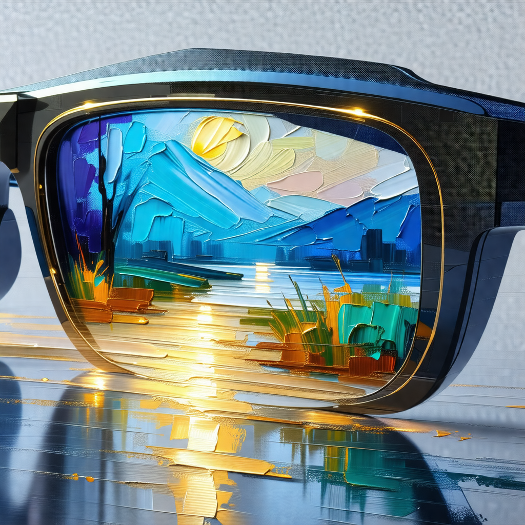 Pair of sunglasses with a painting of a mountainous lands...