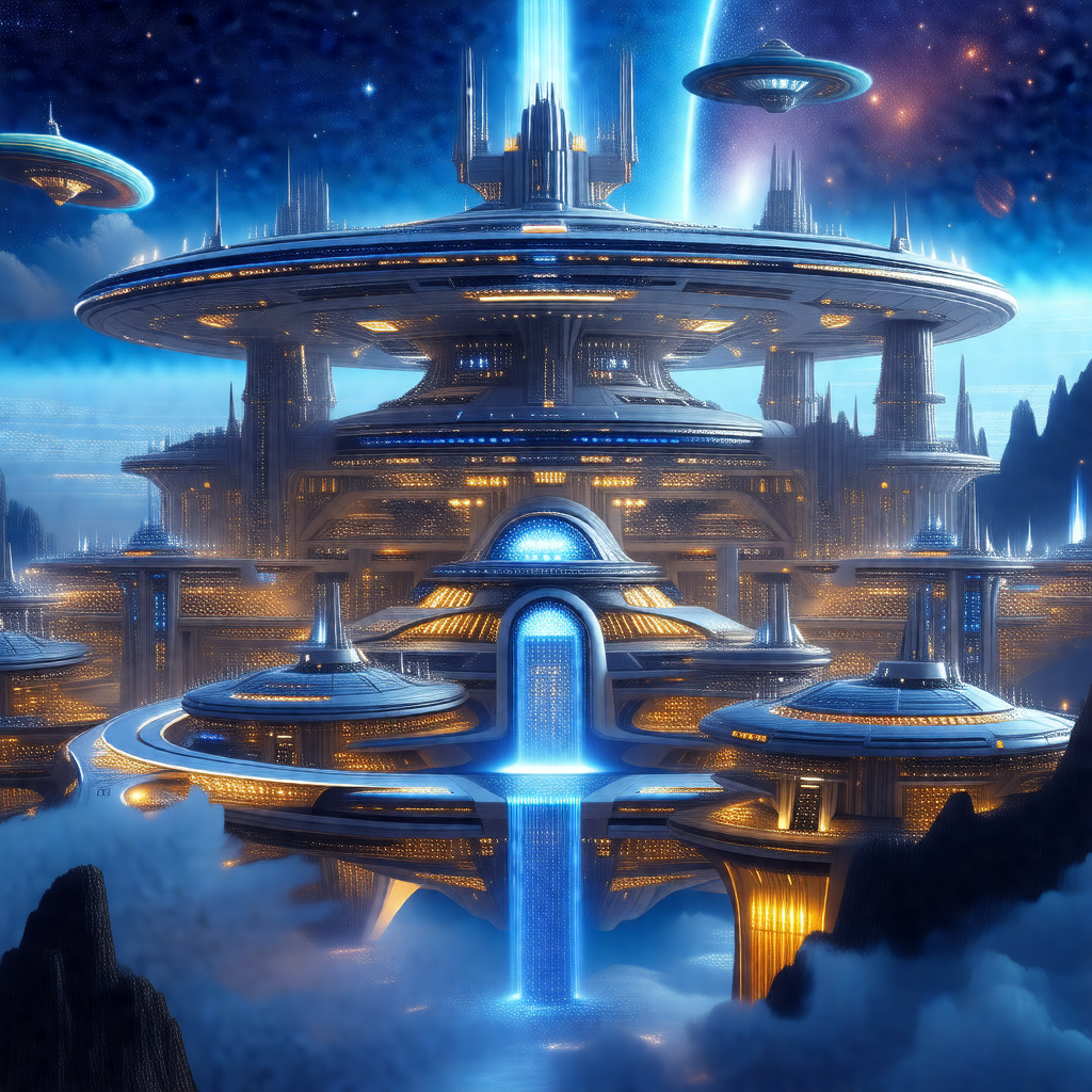 Futuristic cityscape with a large, sprawling building in ...