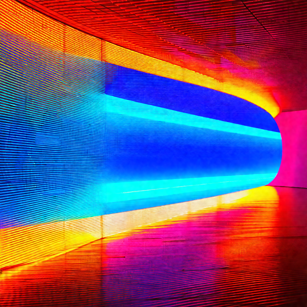 Long, brightly lit tunnel with a blue and yellow lighting...