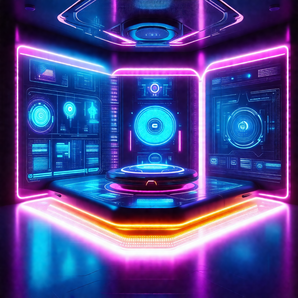 Futuristic room with a large, round table in the center