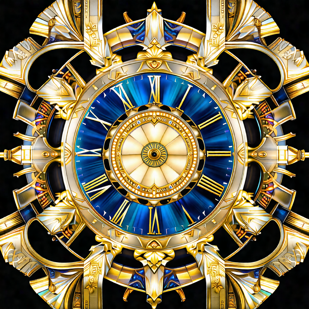 Large, ornate clock with a blue and gold color scheme
