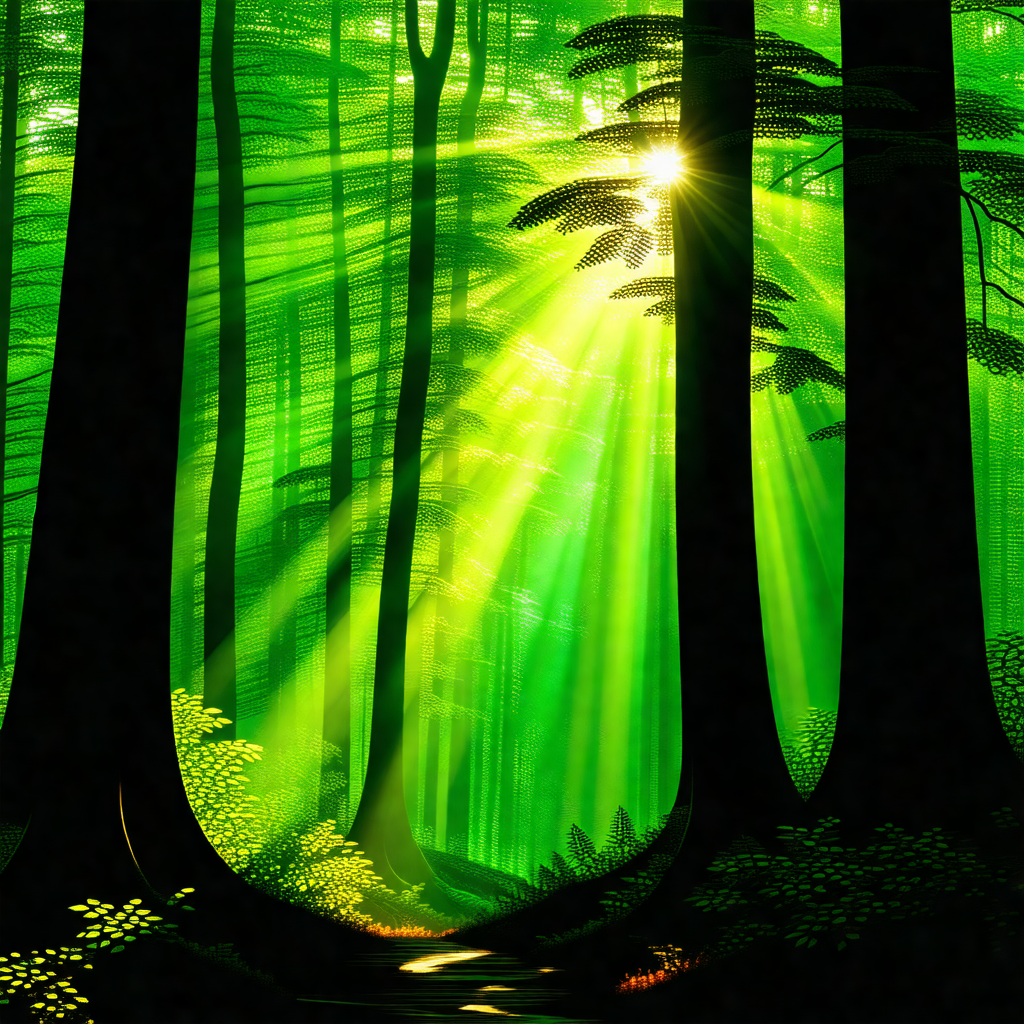 Lush green forest with a sun shining through the trees