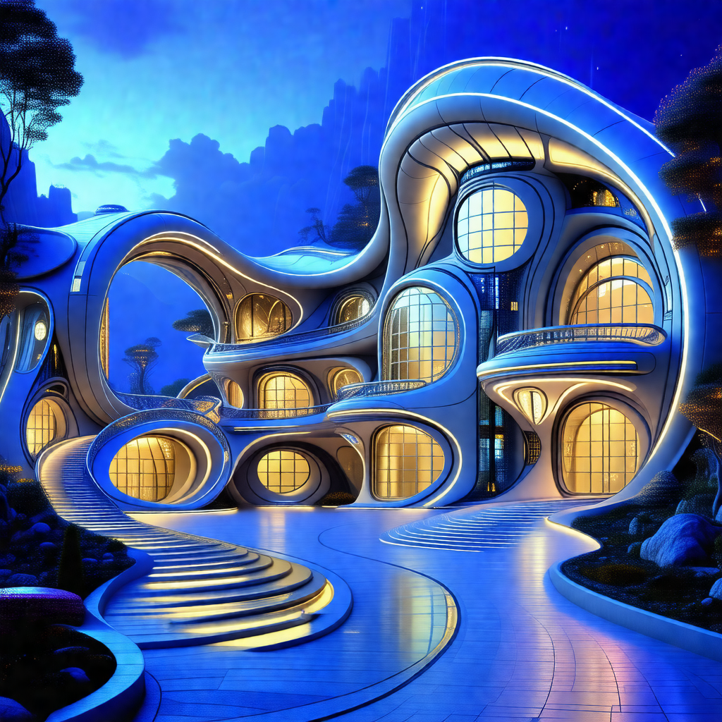 Computer-generated drawing of a large, futuristic buildin...