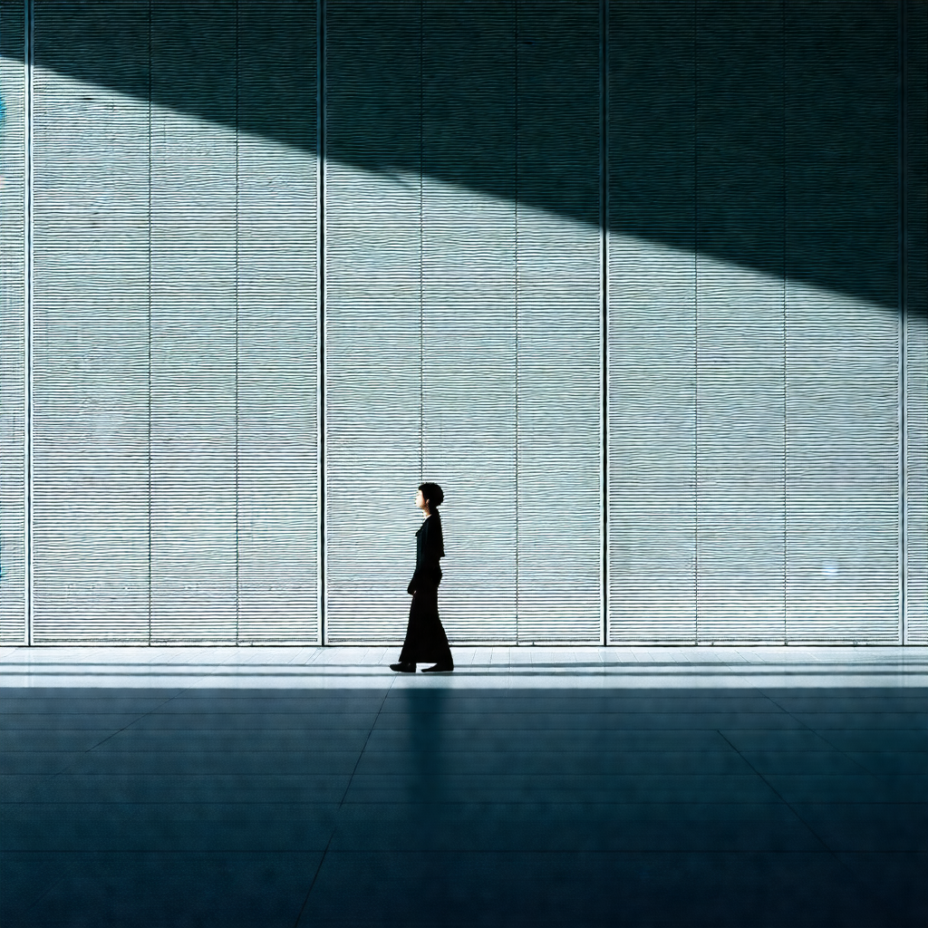 Woman walking down a hallway in a building