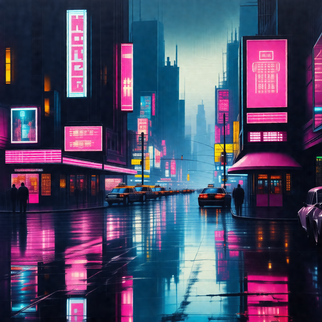 Colorful, artistic depiction of a city street at night