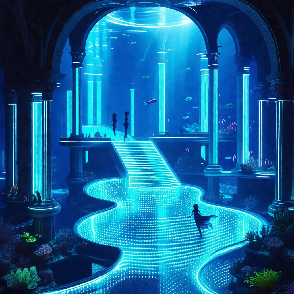Woman standing in a large, blue underwater tunnel