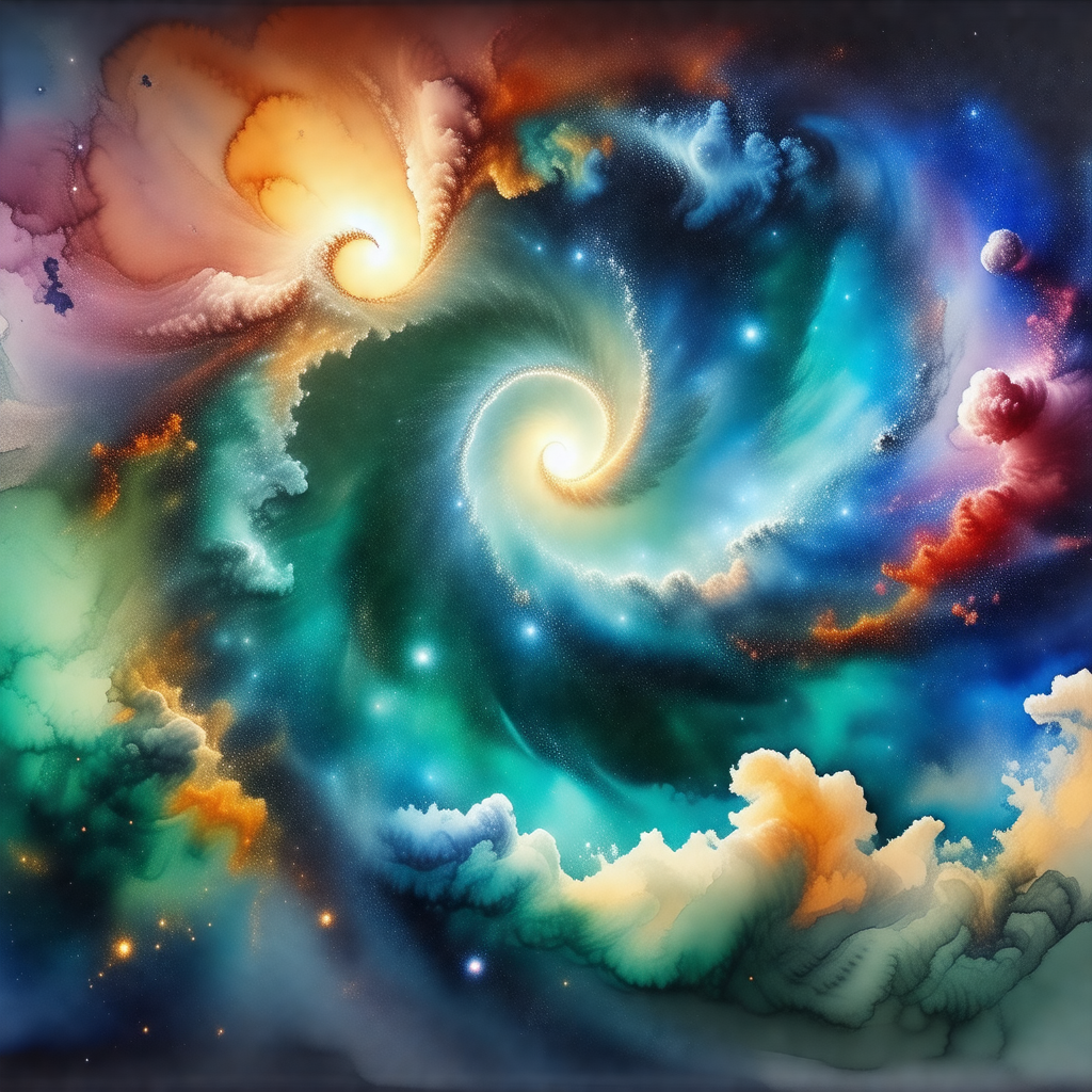 Colorful and detailed painting of a spiral galaxy