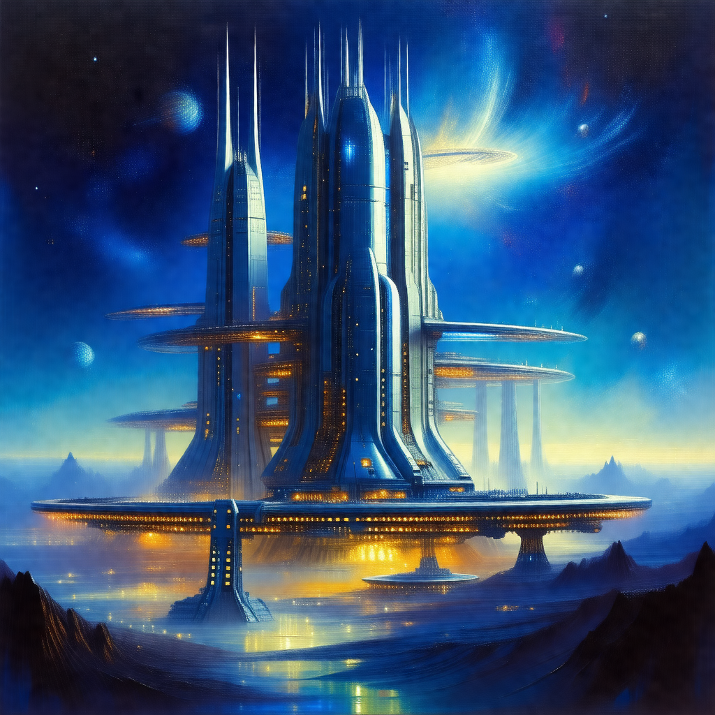 Futuristic city with a large, sprawling space station